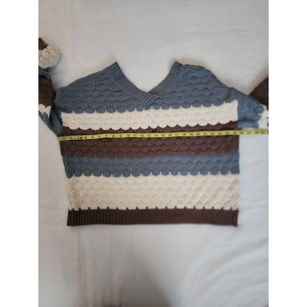 Listicle Womens Cable Knit Drop Shoulder Pullover Sweater Blue/White/Brown Small - Picture 7 of 10